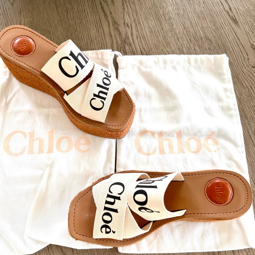 Chloé logo in Woody espadrille wedge sandal cream and black logo. Worn once.